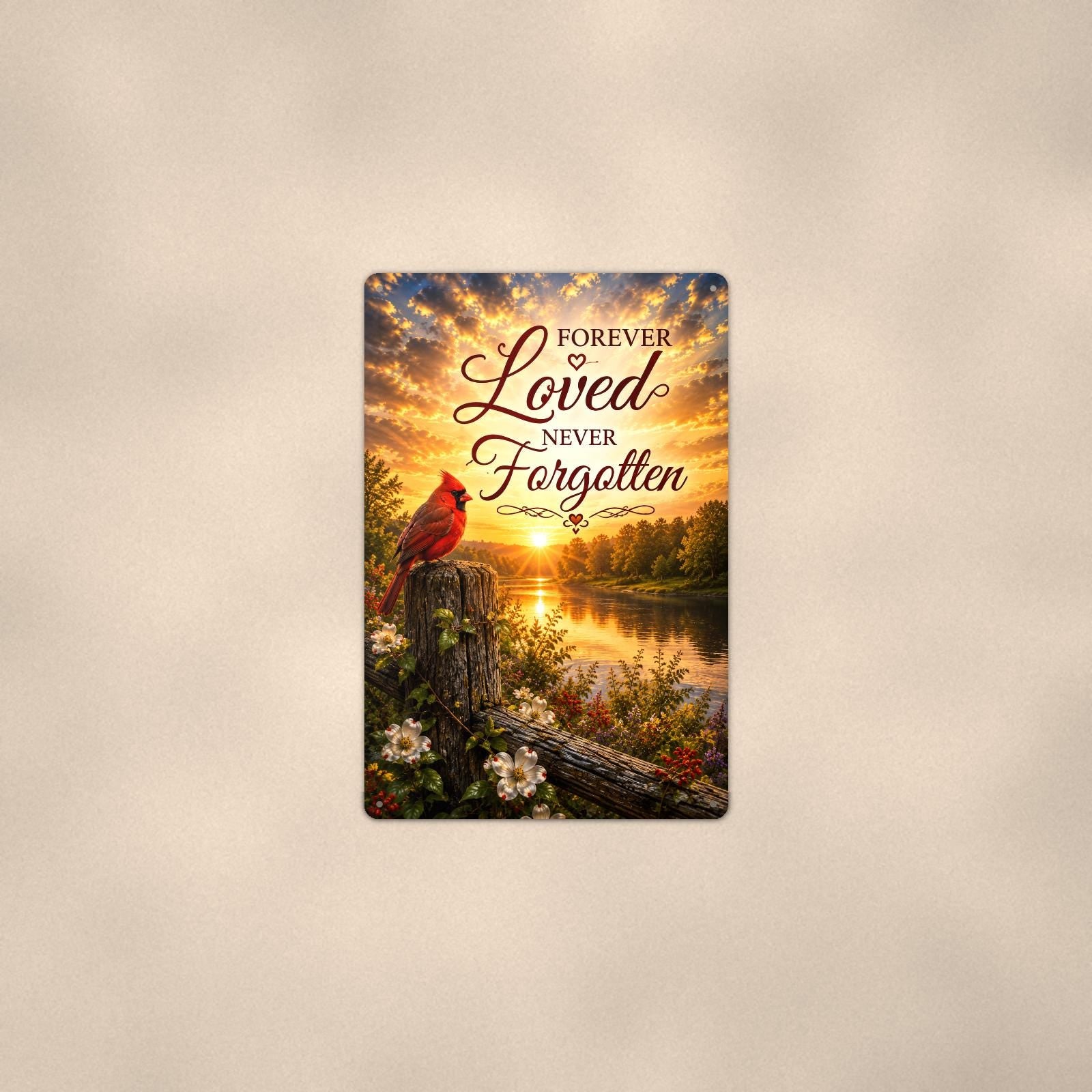 Cardinal at sunrise over the river memorial art titled "Forever Loved Never Forgotten" on a 8x12 inch sublimated aluminum sign with rounded corners and mounting holes, shown at mid-distance centered on a warm wall