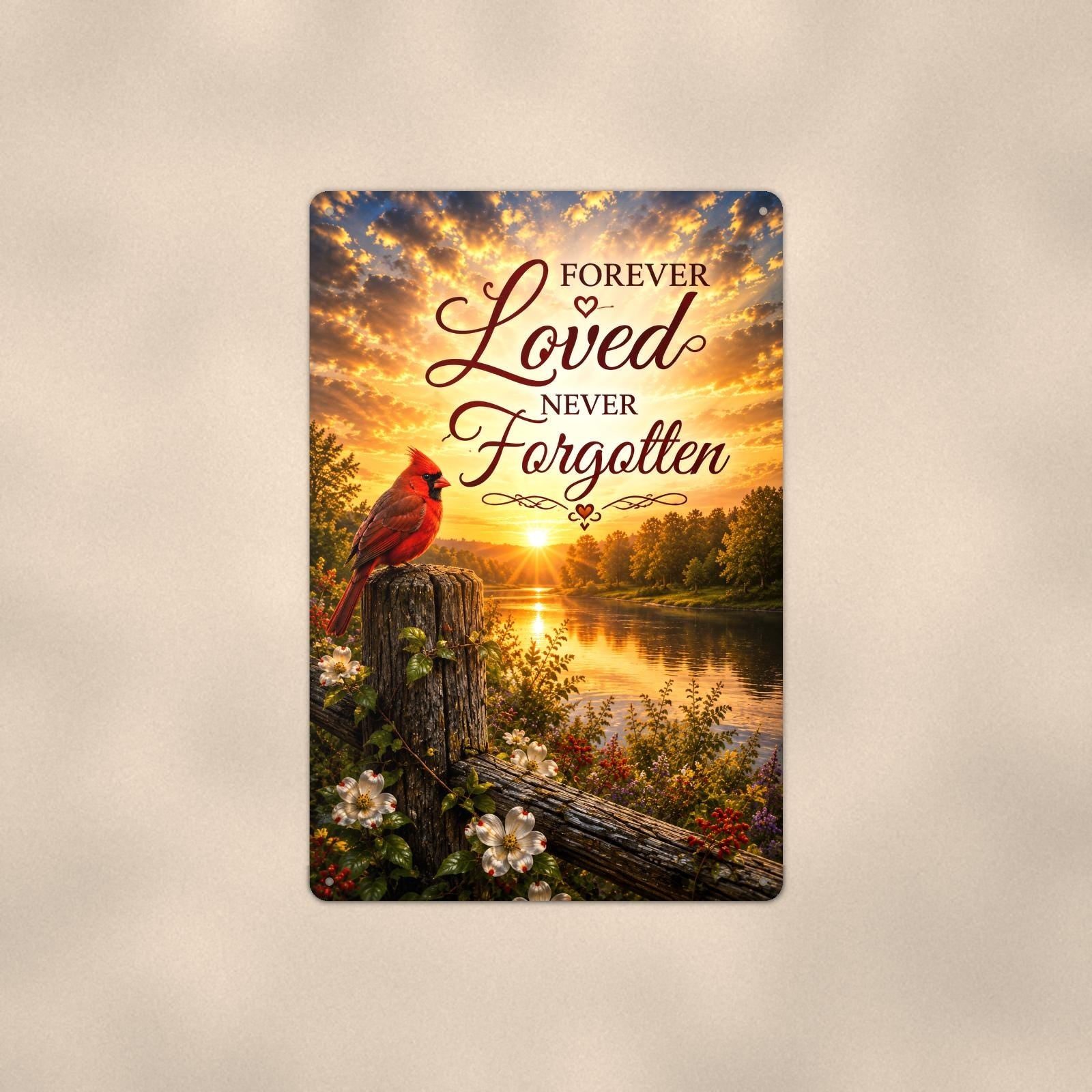 Cardinal at sunrise over the river memorial art titled "Forever Loved Never Forgotten" on a 8x12 inch sublimated aluminum sign with rounded corners and mounting holes, shown straight on against a second warm wall tone