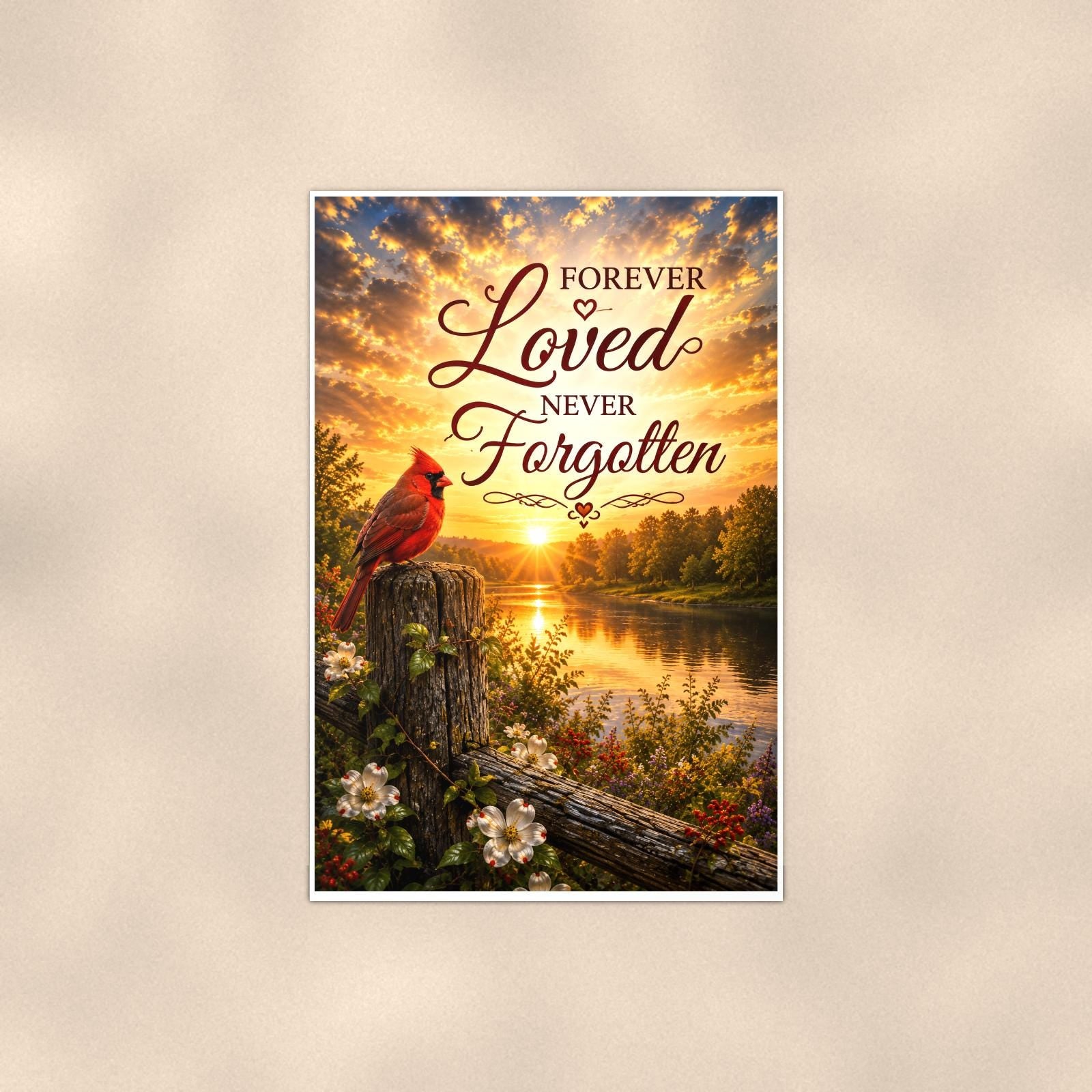 Cardinal at sunrise over the river memorial art titled "Forever Loved Never Forgotten" on a 24x36 inch luster poster print with a clean white border, shown straight on against a warm neutral wall