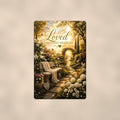 Garden bench by the memorial gate memorial art titled "Loved Beyond Measure" on a 8x12 inch sublimated aluminum sign with rounded corners and mounting holes, shown straight on against a warm neutral wall