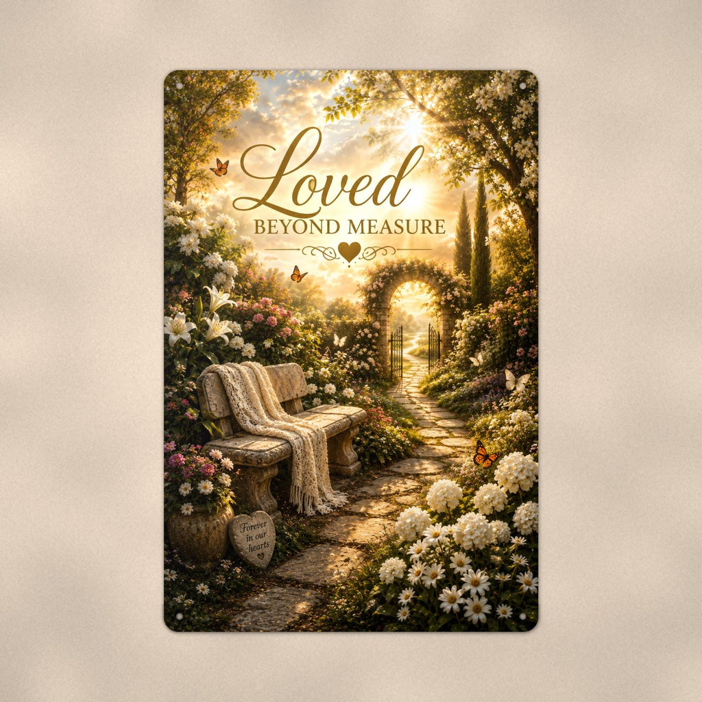 Garden bench by the memorial gate memorial art titled "Loved Beyond Measure" on a 8x12 inch sublimated aluminum sign with rounded corners and mounting holes, close-up view filling the frame, showing the smooth sublimated print surface