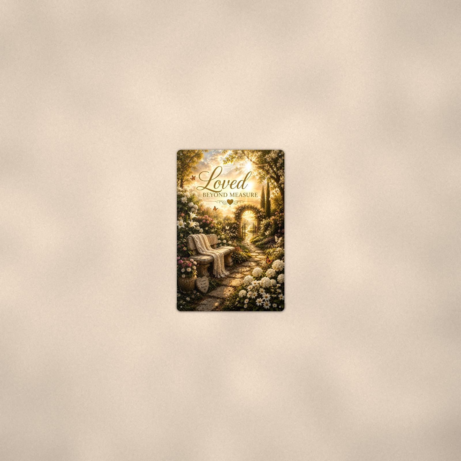 Garden bench by the memorial gate memorial art titled "Loved Beyond Measure" on a 8x12 inch sublimated aluminum sign with rounded corners and mounting holes, seen from farther back, small on a softly lit wall
