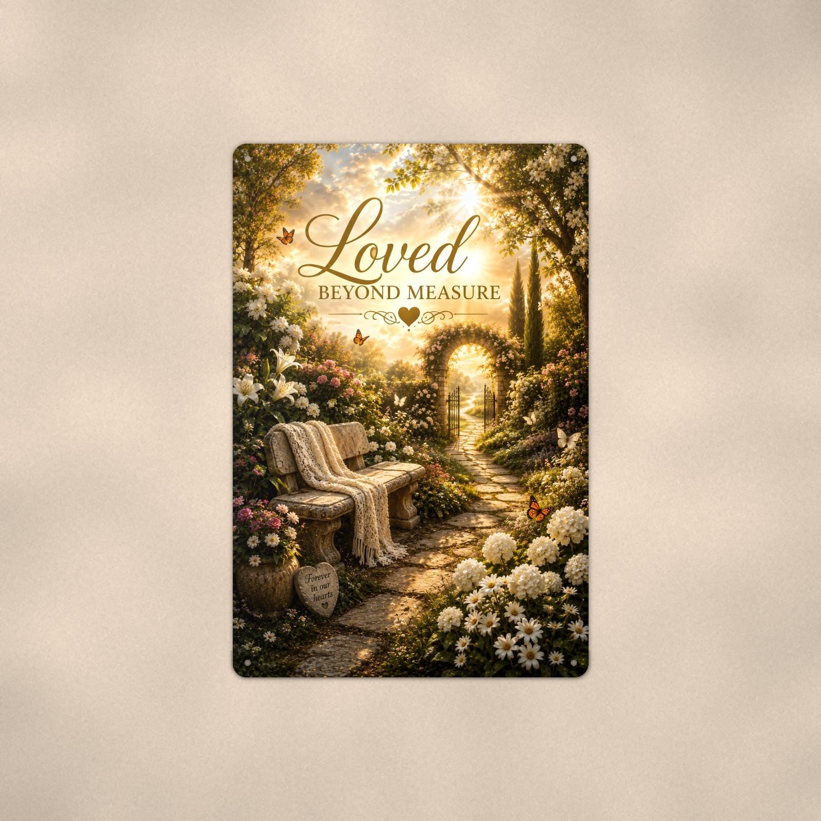 Garden bench by the memorial gate memorial art titled "Loved Beyond Measure" on a 8x12 inch sublimated aluminum sign with rounded corners and mounting holes, shown straight on against a second warm wall tone