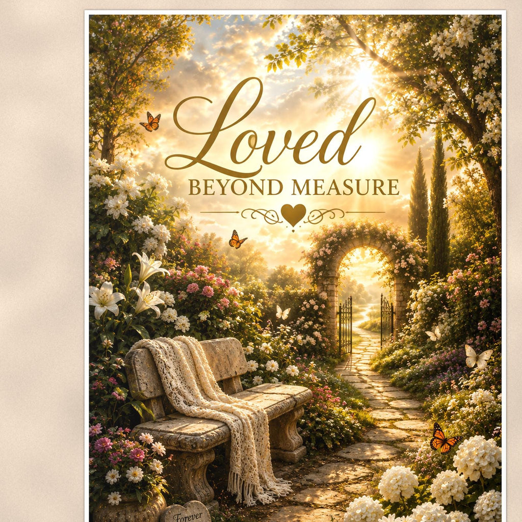 Garden bench by the memorial gate memorial art titled "Loved Beyond Measure" on a 24x36 inch luster poster print with a clean white border, close-up detail of the print filling the frame