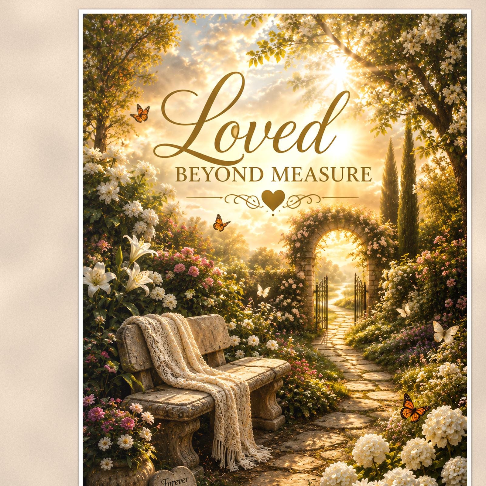 Garden bench by the memorial gate memorial art titled "Loved Beyond Measure" on a 24x36 inch luster poster print with a clean white border, close-up detail of the print filling the frame
