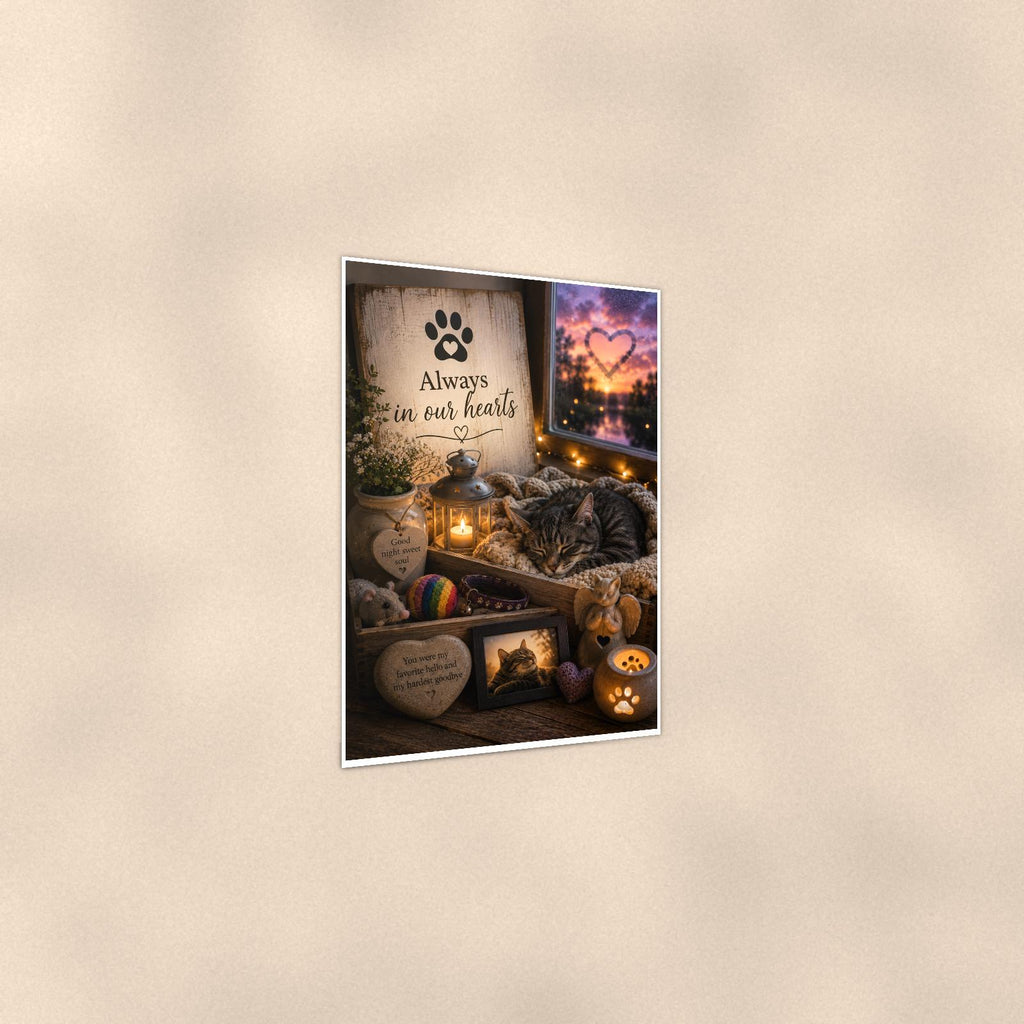 Sleeping cat by the window memorial art titled "Always in our hearts" on a 24x36 inch luster poster print with a clean white border, shown at a three-quarter angle on the wall