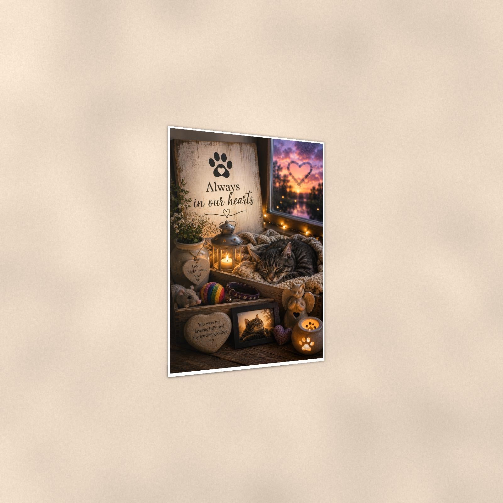 Sleeping cat by the window memorial art titled "Always in our hearts" on a 24x36 inch luster poster print with a clean white border, shown at a three-quarter angle on the wall