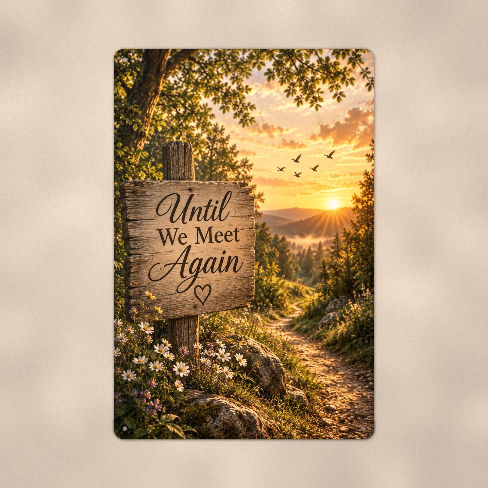 Rustic Until We Meet Again trail sign memorial art titled "Until We Meet Again" on a 8x12 inch sublimated aluminum sign with rounded corners and mounting holes, close-up view filling the frame, showing the smooth sublimated print surface