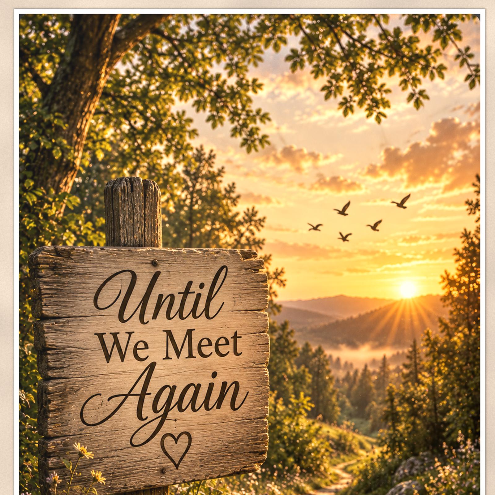 Rustic Until We Meet Again trail sign memorial art titled "Until We Meet Again" on a 24x36 inch luster poster print with a clean white border, close-up detail of the print filling the frame