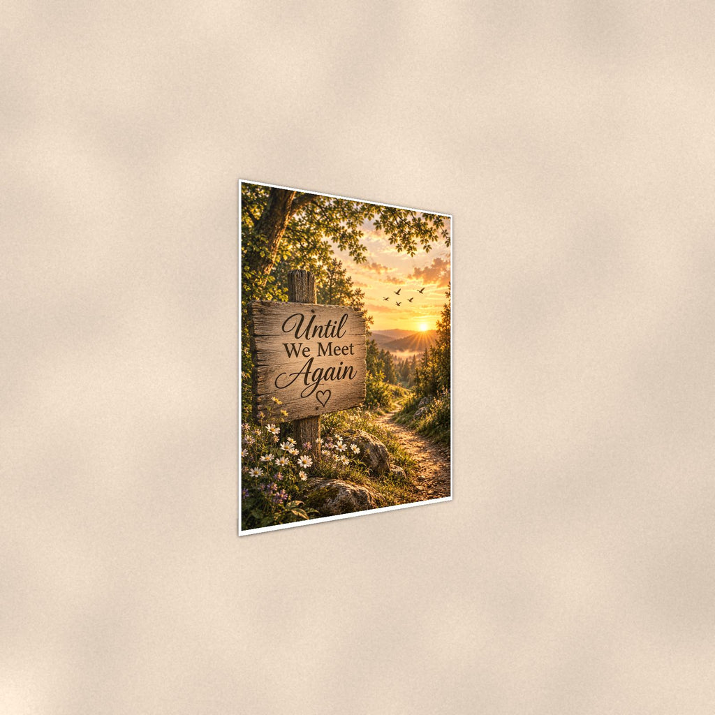 Rustic Until We Meet Again trail sign memorial art titled "Until We Meet Again" on a 24x36 inch luster poster print with a clean white border, shown at a gentle angle from the other side