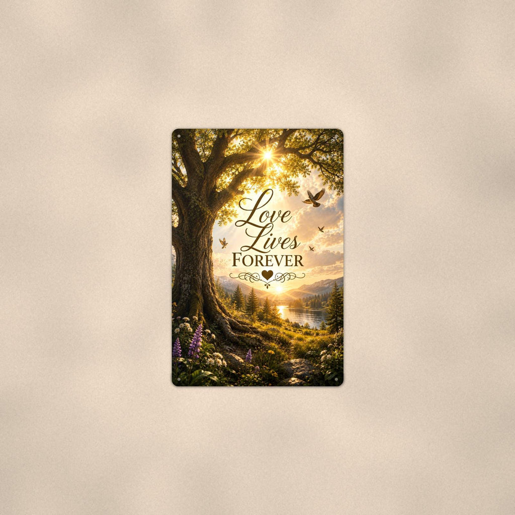 Old oak tree over the valley memorial art titled "Love Lives Forever" on a 8x12 inch sublimated aluminum sign with rounded corners and mounting holes, shown at mid-distance centered on a warm wall