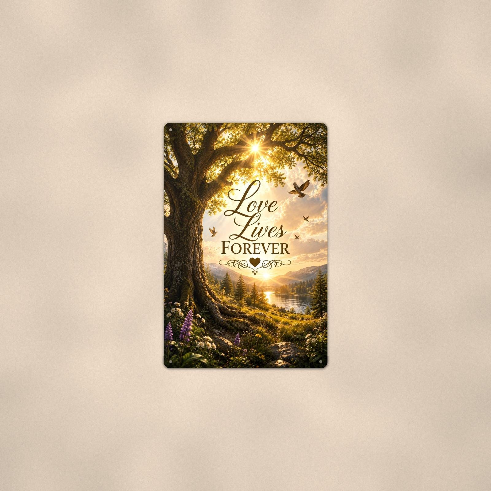 Old oak tree over the valley memorial art titled "Love Lives Forever" on a 8x12 inch sublimated aluminum sign with rounded corners and mounting holes, shown at mid-distance centered on a warm wall