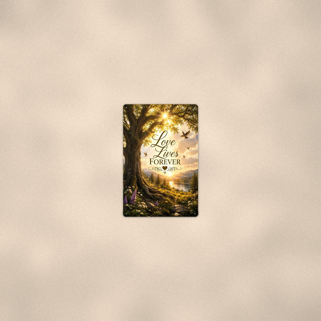 Old oak tree over the valley memorial art titled "Love Lives Forever" on a 8x12 inch sublimated aluminum sign with rounded corners and mounting holes, seen from farther back, small on a softly lit wall