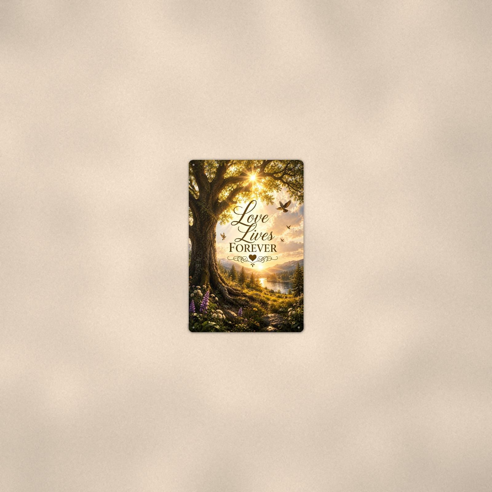 Old oak tree over the valley memorial art titled "Love Lives Forever" on a 8x12 inch sublimated aluminum sign with rounded corners and mounting holes, seen from farther back, small on a softly lit wall