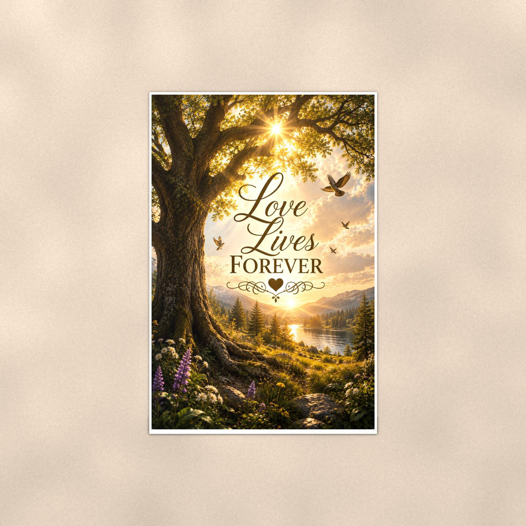 Old oak tree over the valley memorial art titled "Love Lives Forever" on a 24x36 inch luster poster print with a clean white border, shown straight on against a warm neutral wall