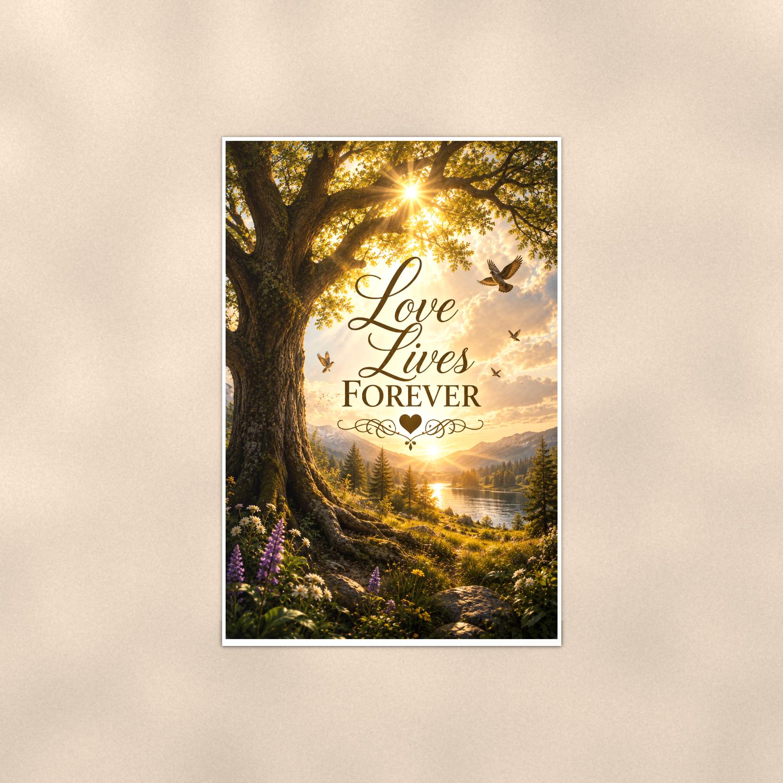Old oak tree over the valley memorial art titled "Love Lives Forever" on a 24x36 inch luster poster print with a clean white border, shown straight on against a warm neutral wall