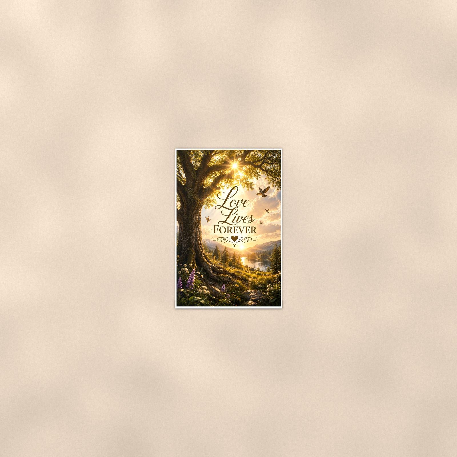 Old oak tree over the valley memorial art titled "Love Lives Forever" on a 24x36 inch luster poster print with a clean white border, seen from farther back, small on a softly lit wall