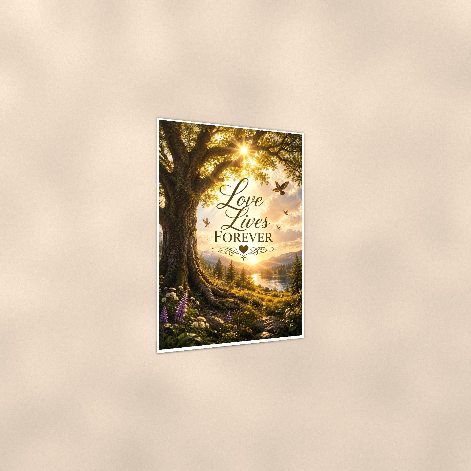 Old oak tree over the valley memorial art titled "Love Lives Forever" on a 24x36 inch luster poster print with a clean white border, shown at a three-quarter angle on the wall