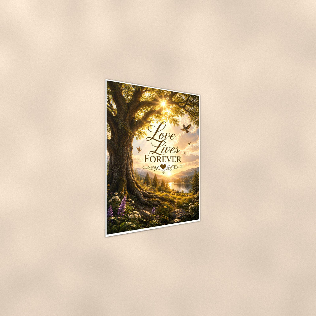 Old oak tree over the valley memorial art titled "Love Lives Forever" on a 24x36 inch luster poster print with a clean white border, shown at a gentle angle from the other side
