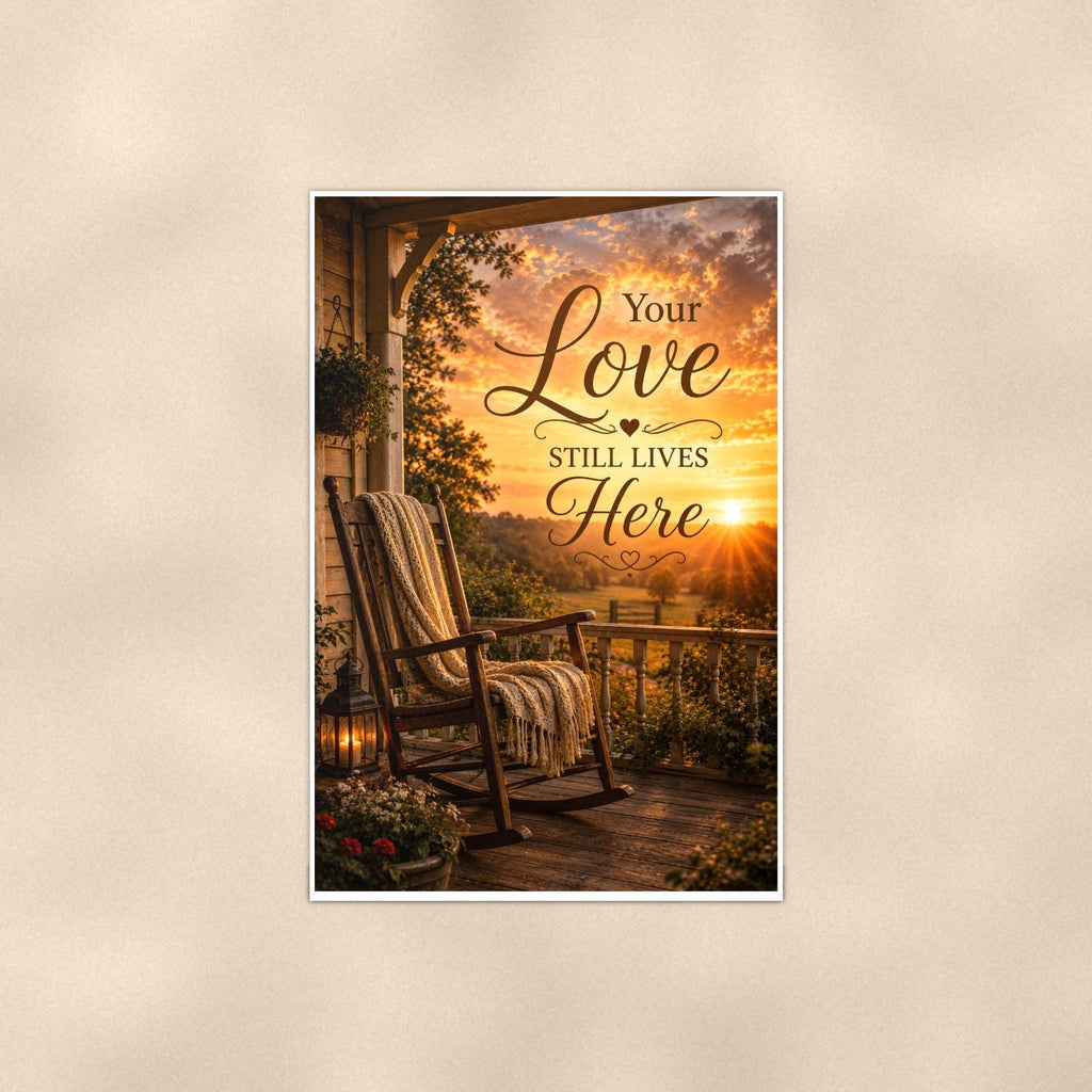 Rocking chair on the porch at sunset memorial art titled "Your Love Still Lives Here" on a 24x36 inch luster poster print with a clean white border, shown straight on against a warm neutral wall