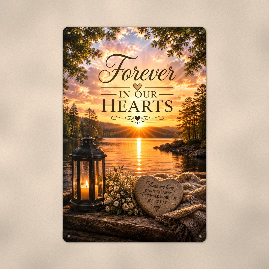 Lakeside lantern and heart stone memorial art titled "Forever In Our Hearts" on a 8x12 inch sublimated aluminum sign with rounded corners and mounting holes, close-up view filling the frame, showing the smooth sublimated print surface