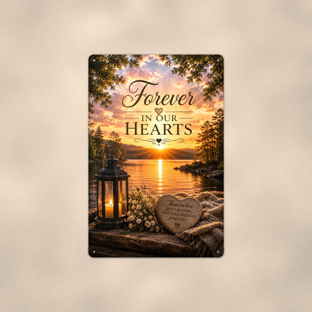 Lakeside lantern and heart stone memorial art titled "Forever In Our Hearts" on a 8x12 inch sublimated aluminum sign with rounded corners and mounting holes, shown straight on against a second warm wall tone