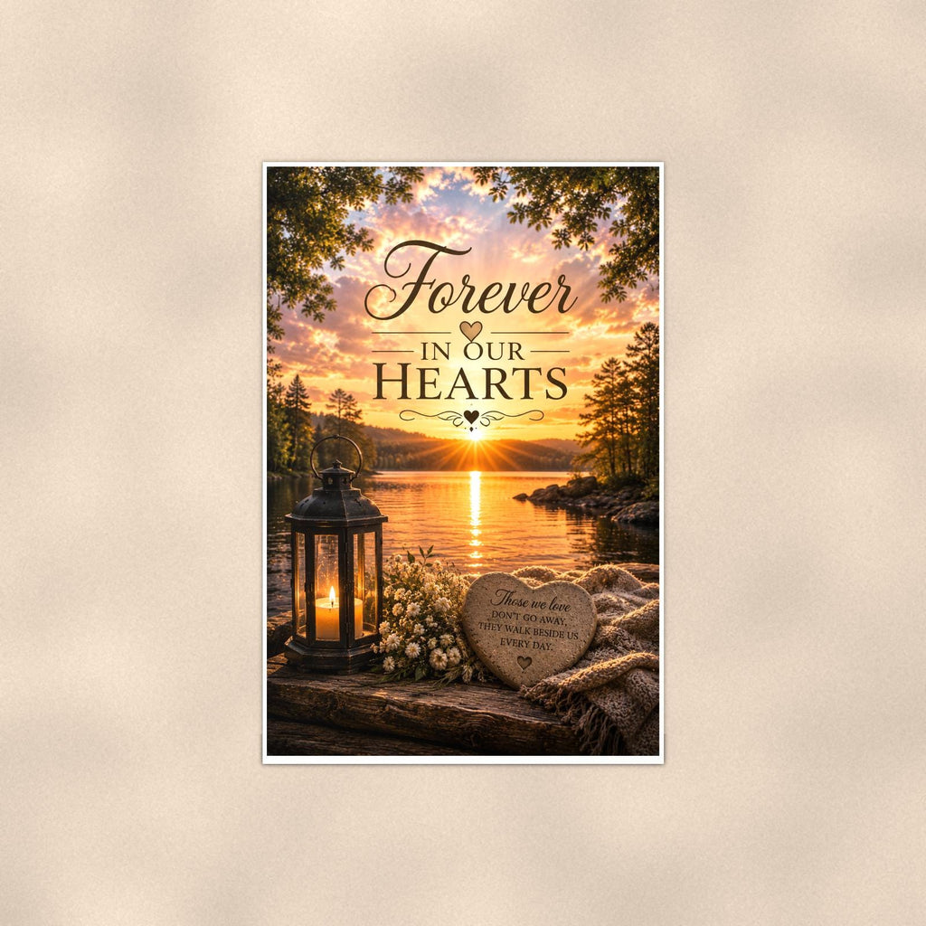 Lakeside lantern and heart stone memorial art titled "Forever In Our Hearts" on a 24x36 inch luster poster print with a clean white border, shown straight on against a warm neutral wall