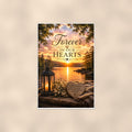 Lakeside lantern and heart stone memorial art titled "Forever In Our Hearts" on a 24x36 inch luster poster print with a clean white border, shown straight on against a warm neutral wall