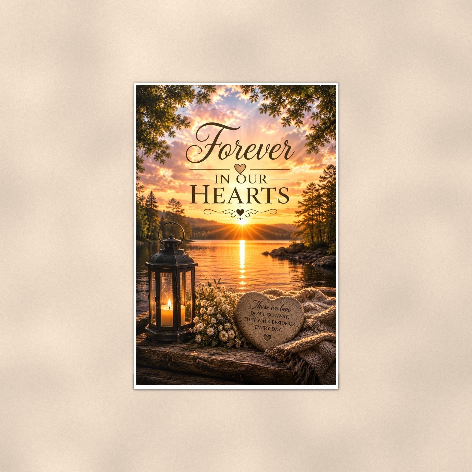 Lakeside lantern and heart stone memorial art titled "Forever In Our Hearts" on a 24x36 inch luster poster print with a clean white border, shown straight on against a warm neutral wall