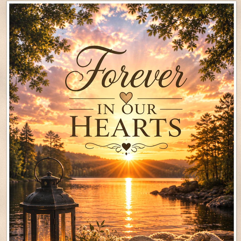 Lakeside lantern and heart stone memorial art titled "Forever In Our Hearts" on a 24x36 inch luster poster print with a clean white border, close-up detail of the print filling the frame