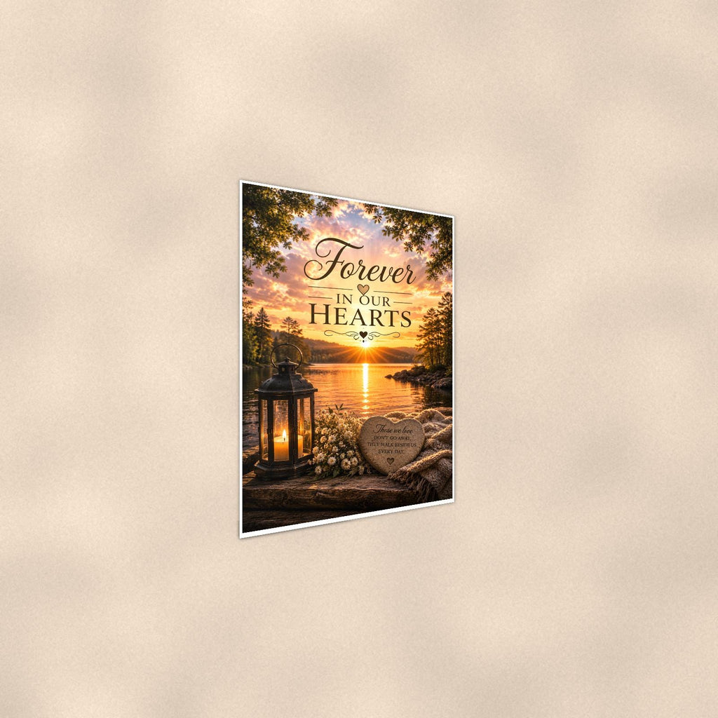 Lakeside lantern and heart stone memorial art titled "Forever In Our Hearts" on a 24x36 inch luster poster print with a clean white border, shown at a gentle angle from the other side