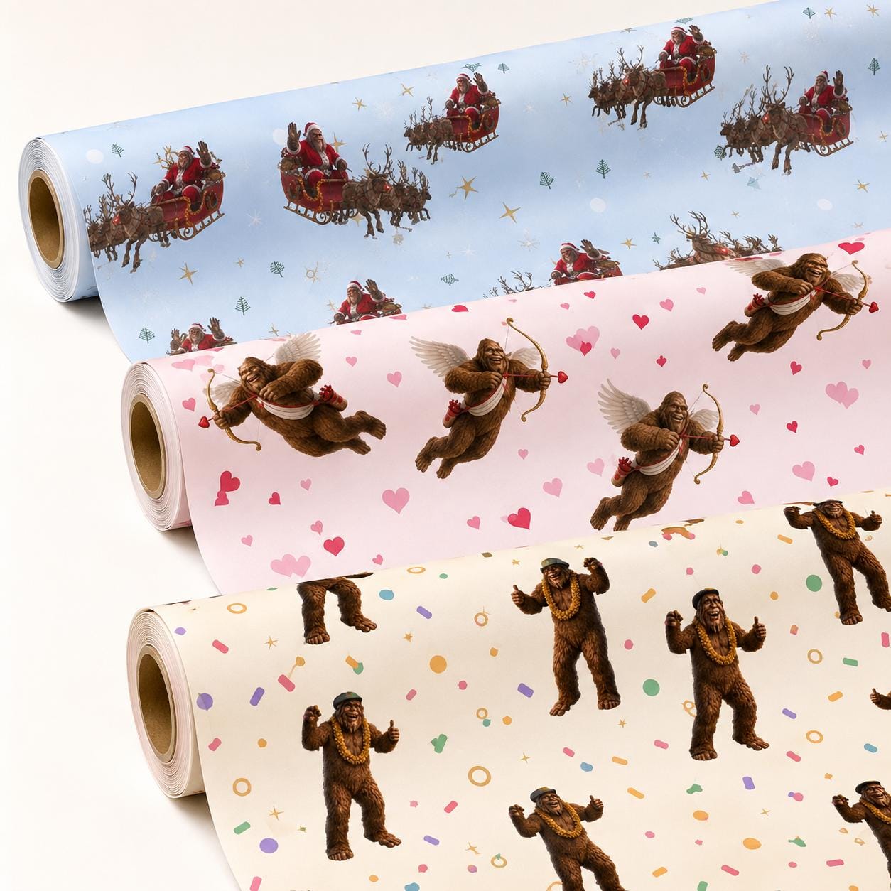 Christmas Bigfoot Santa wrapping paper mockup 6