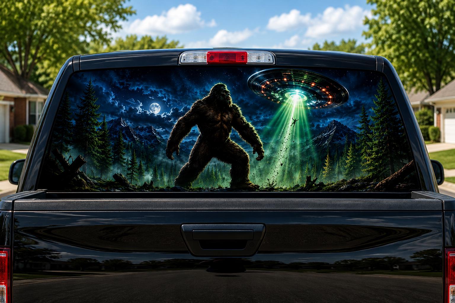 Bigfoot UFO Abduction perforated rear-window decal installed on a pickup truck back glass, showing a sasquatch in a moonlit forest as a UFO beams a hiker up in a green tractor beam