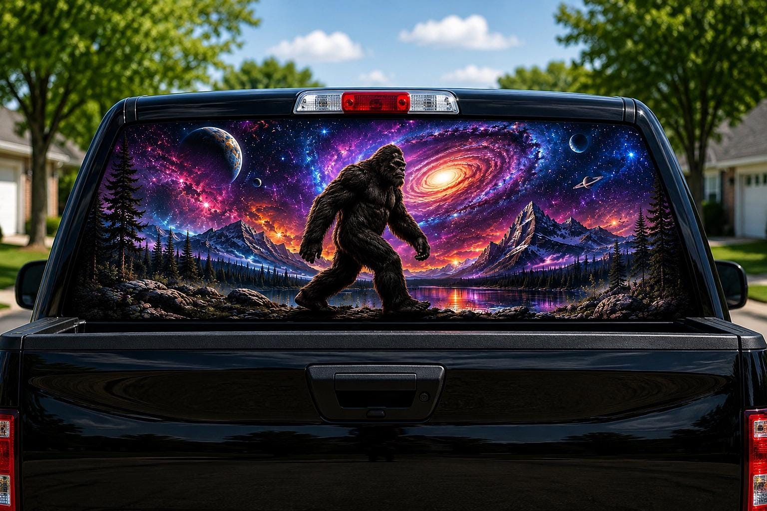 Bigfoot Galaxy Walker perforated rear-window decal installed on a pickup truck back glass, showing a sasquatch walking under a spiral galaxy, planets and a purple cosmic sky