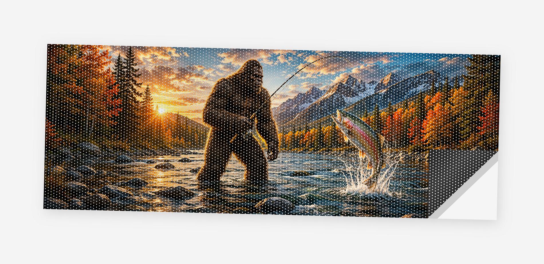 Full flat view of the Bigfoot Gone Fishing perforated truck window decal on a white background, one corner curled to show the black perf-vinyl backing and the micro-hole pattern