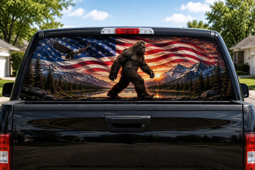 Bigfoot American Flag perforated rear-window decal installed on a pickup truck back glass, showing a sasquatch walking in front of a giant American flag with a bald eagle overhead