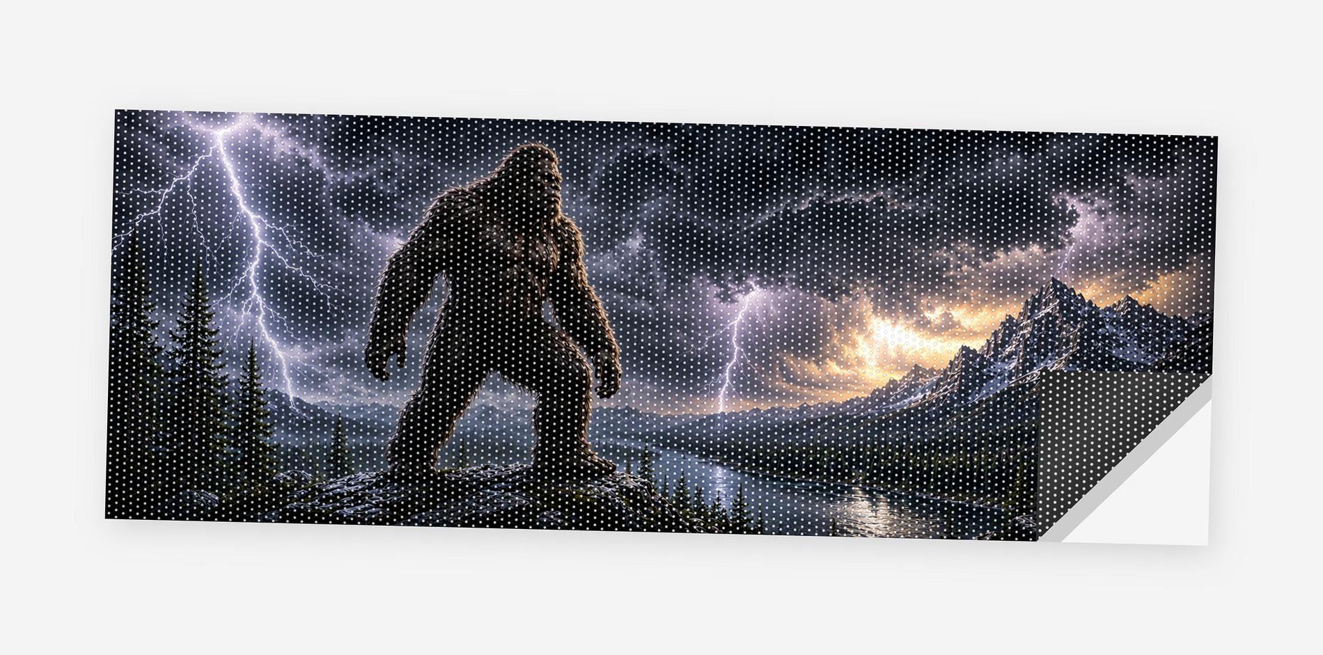 Full flat view of the Bigfoot Storm Walker perforated truck window decal on a white background, one corner curled to show the black perf-vinyl backing and the micro-hole pattern