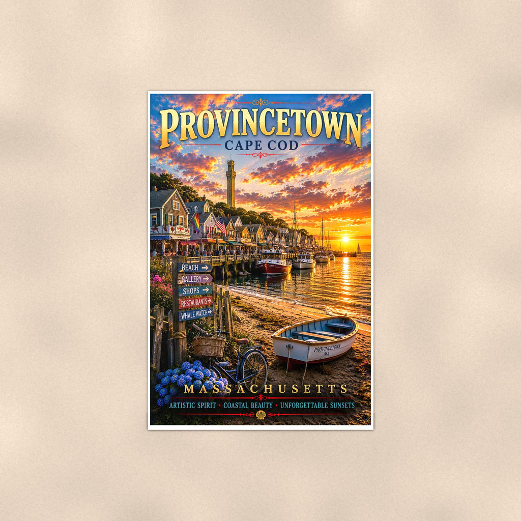 Provincetown — 24x36 in art print poster, premium luster paper with a white border; poster shown straight on against a warm wall.