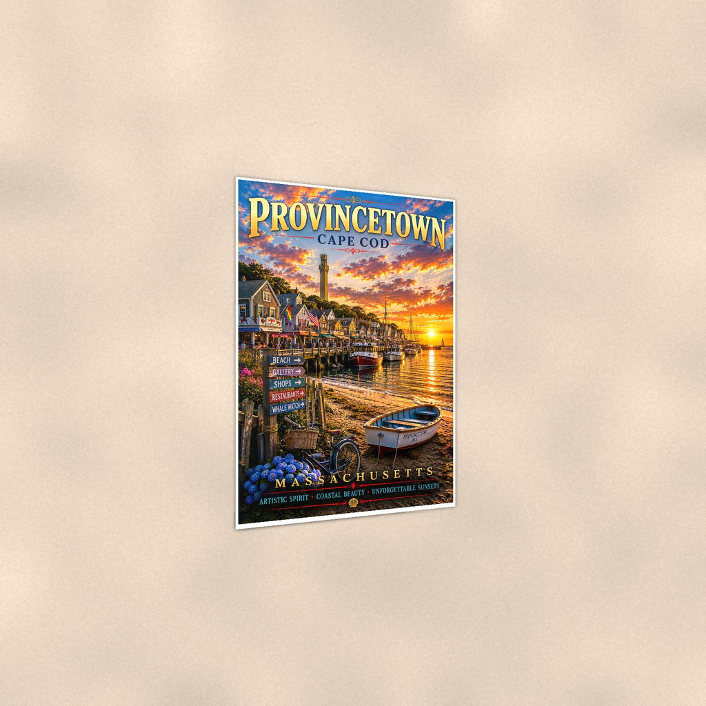 Provincetown — 24x36 in art print poster, premium luster paper with a white border; gentle three-quarter angle on a warm wall, showing the flat paper edge.