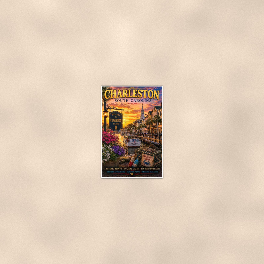 Charleston — 24x36 in art print poster, premium luster paper with a white border; poster seen from further back, at true 24x36 in scale on a warm wall.