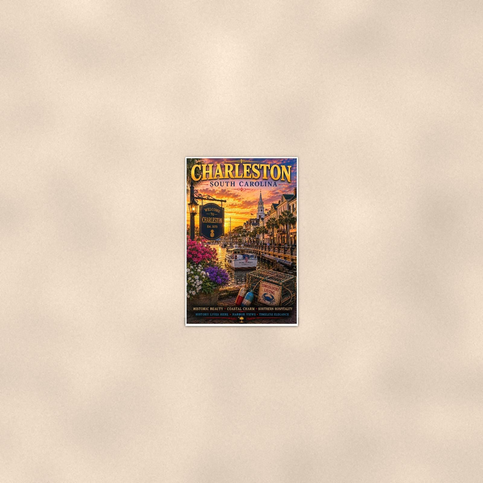 Charleston — 24x36 in art print poster, premium luster paper with a white border; poster seen from further back, at true 24x36 in scale on a warm wall.