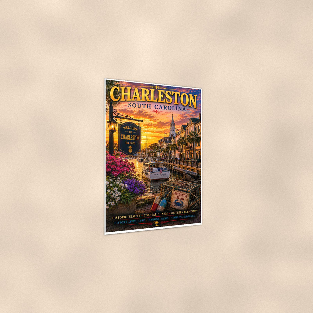 Charleston — 24x36 in art print poster, premium luster paper with a white border; gentle three-quarter angle on a warm wall, showing the flat paper edge.