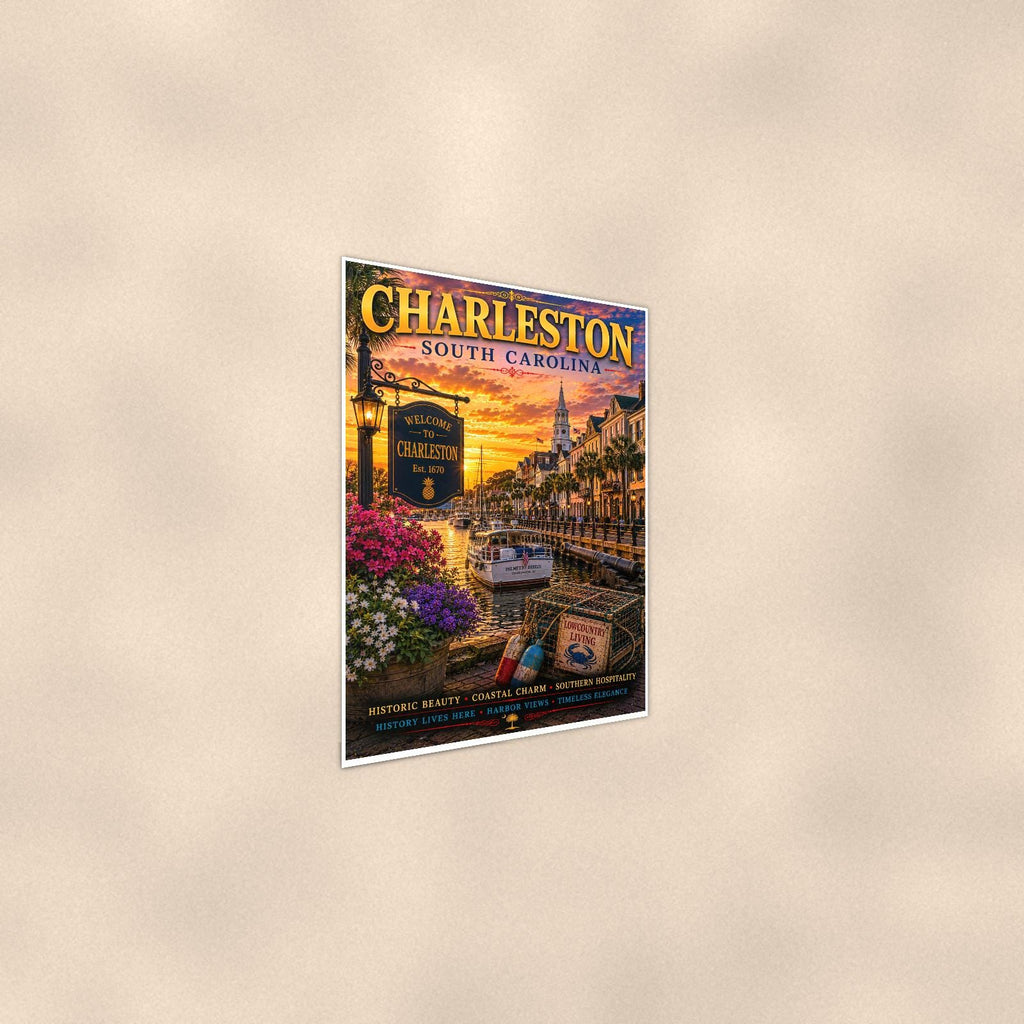 Charleston — 24x36 in art print poster, premium luster paper with a white border; steeper three-quarter angle on a warm wall, catching the luster sheen.
