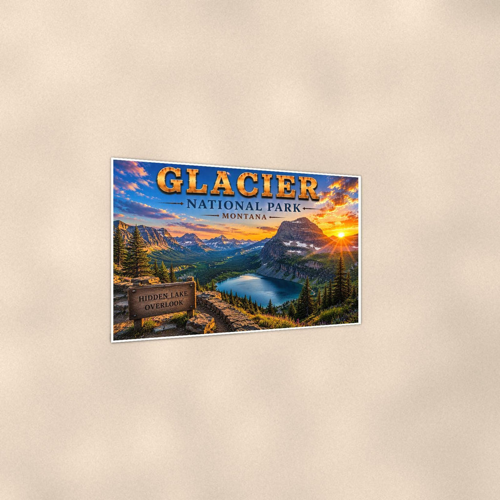 Glacier National Park - Hidden Lake Overlook — 36x24 in art print poster, premium luster paper with a white border; gentle three-quarter angle on a warm wall, showing the flat paper edge.