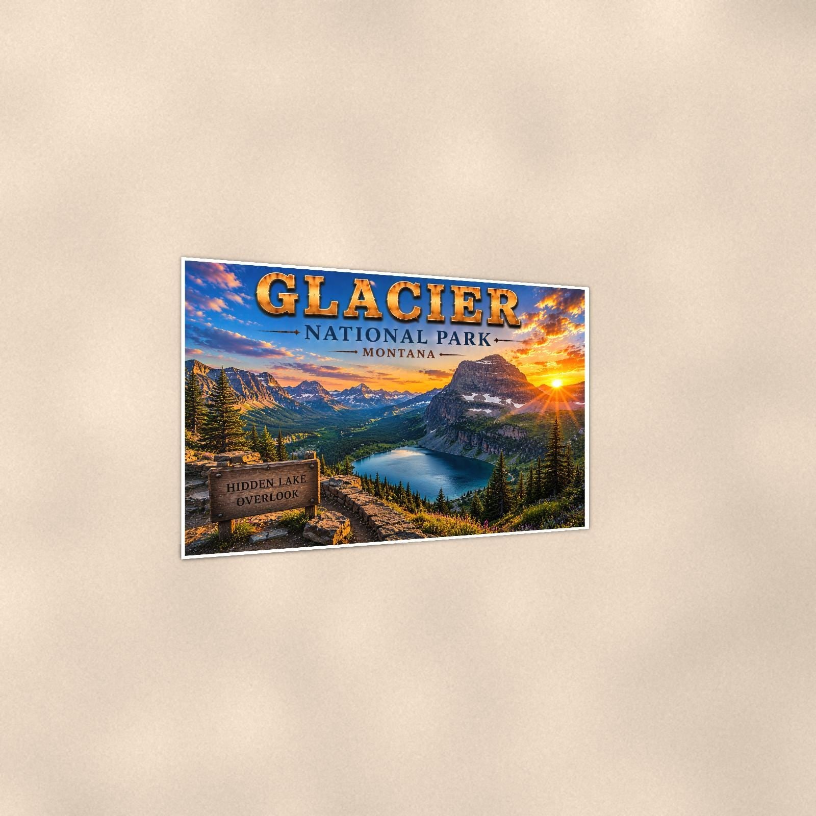 Glacier National Park - Hidden Lake Overlook — 36x24 in art print poster, premium luster paper with a white border; gentle three-quarter angle on a warm wall, showing the flat paper edge.