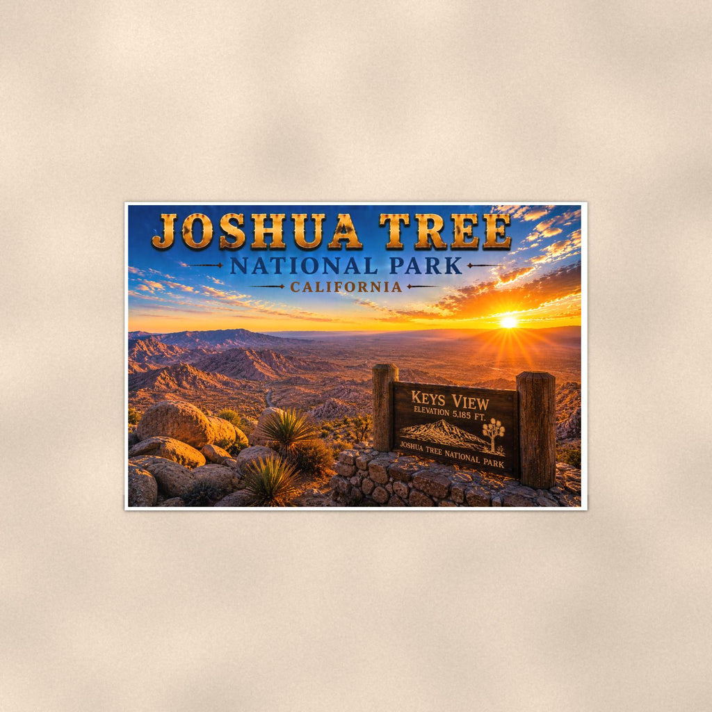 Joshua Tree National Park - Keys View — 36x24 in art print poster, premium luster paper with a white border; poster shown straight on against a warm wall.