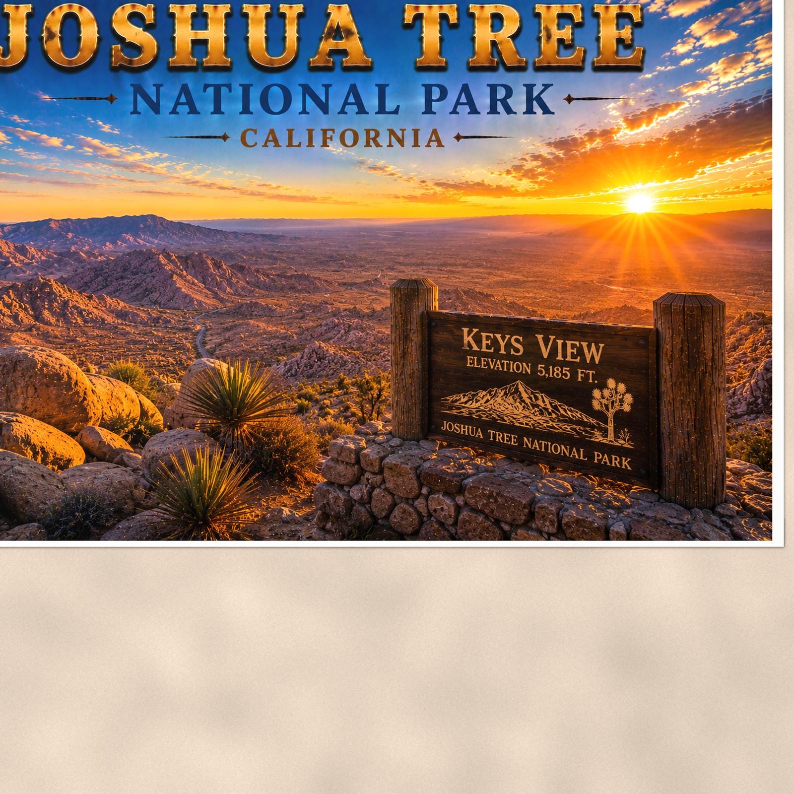 Joshua Tree National Park - Keys View — 36x24 in art print poster, premium luster paper with a white border; close-up framed on the main subject of the artwork, paper surface visible.