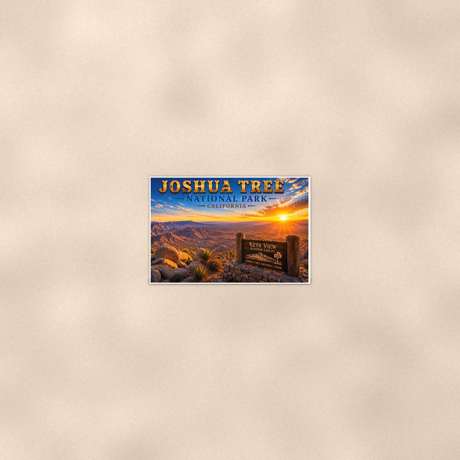 Joshua Tree National Park - Keys View — 36x24 in art print poster, premium luster paper with a white border; poster seen from further back, at true 36x24 in scale on a warm wall.