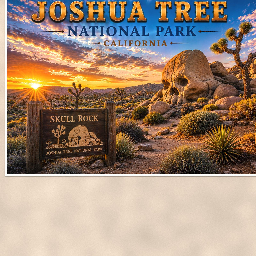 Joshua Tree National Park - Skull Rock — 36x24 in art print poster, premium luster paper with a white border; close-up framed on the main subject of the artwork, paper surface visible.