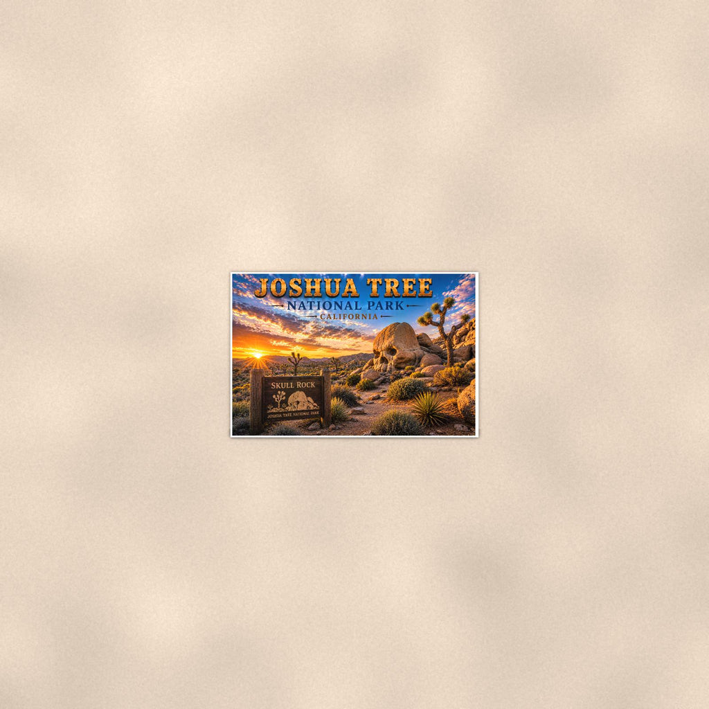 Joshua Tree National Park - Skull Rock — 36x24 in art print poster, premium luster paper with a white border; poster seen from further back, at true 36x24 in scale on a warm wall.